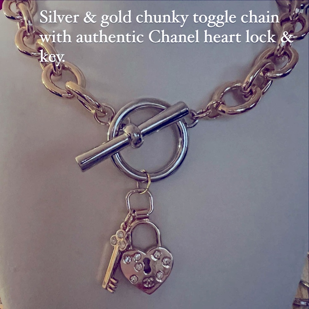 Silver and Gold Toggle Heart Lock & Key Necklace